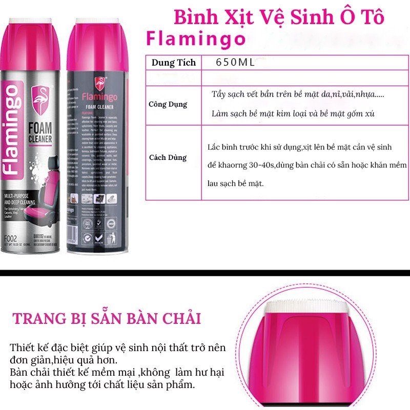 Chai Xịt Tẩy Nội Thất Ô Tô - Bọt Tẩy Nỉ, Vải, Sofa, Thảm Chính Hãng Flamingo - Ảnh 4