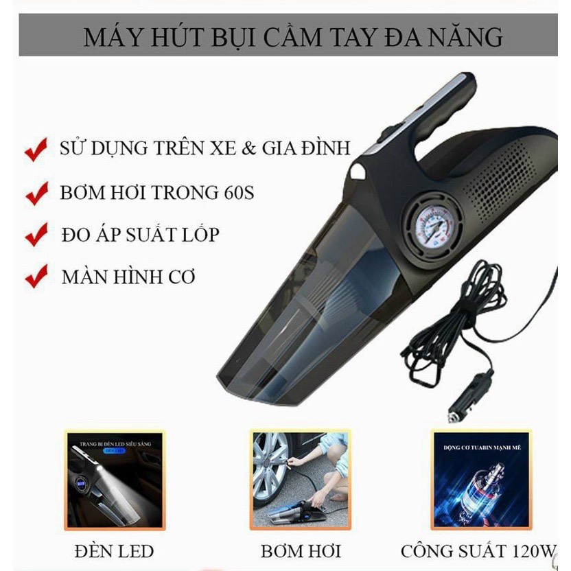 MÁY HÚT BỤI ĐA NĂNG 4 TRONG 1 MÁY BƠM LỐP CÔNG SUẤT 120W Có Đồng Hồ Đo Áp Suất Lốp Dùng Cho Ô Tô. Dòng đồng hồ điện tử - Đồng hồ cơ. Dùng hút bụi + bơm lốp + đo áp suất lốp + đèn chiếu sáng. BH 6 tháng - Ảnh 5
