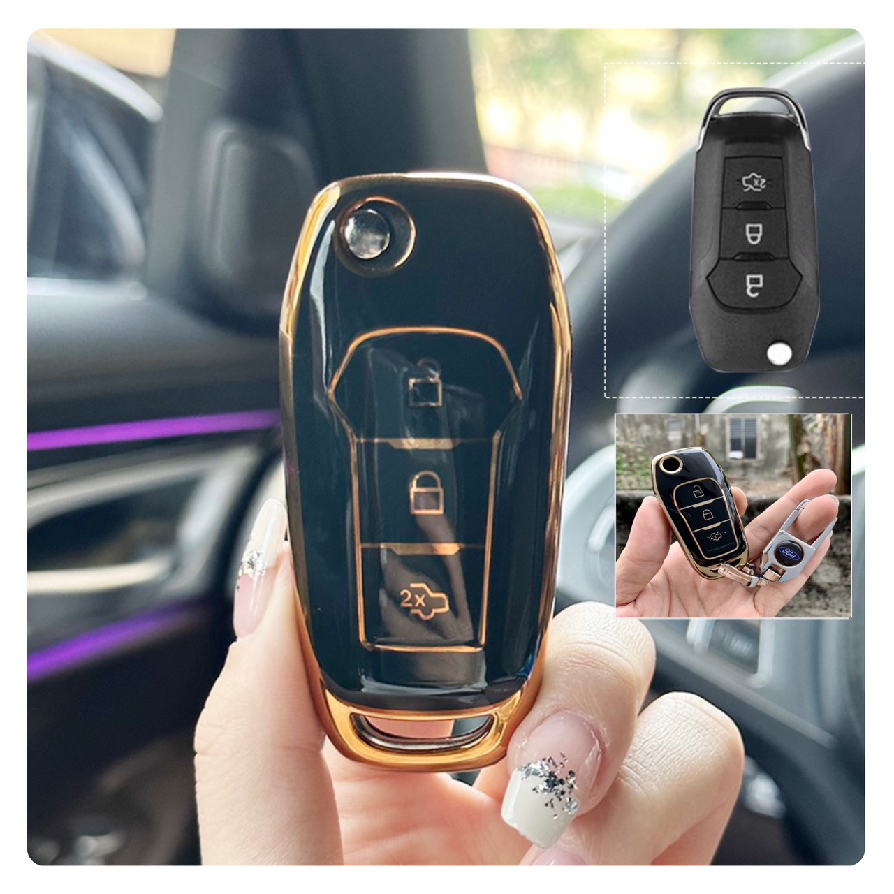 Móc khóa kèm ốp bảo vệ chìa khóa xe Ford Everest, Ranger XLS, Ecosport, Ranger Wildtrak nhựa TPU tráng gương sáng bóng - Ảnh 11