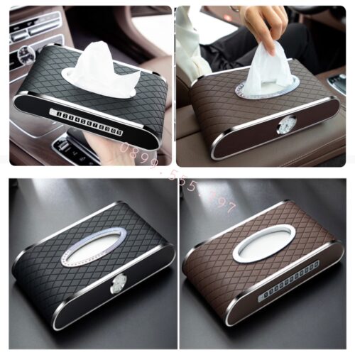 Hộp đựng khăn giấy ô tô kết hợp bảng ghi số điện thoại và đồng hồ - Hàng Cao Cấp