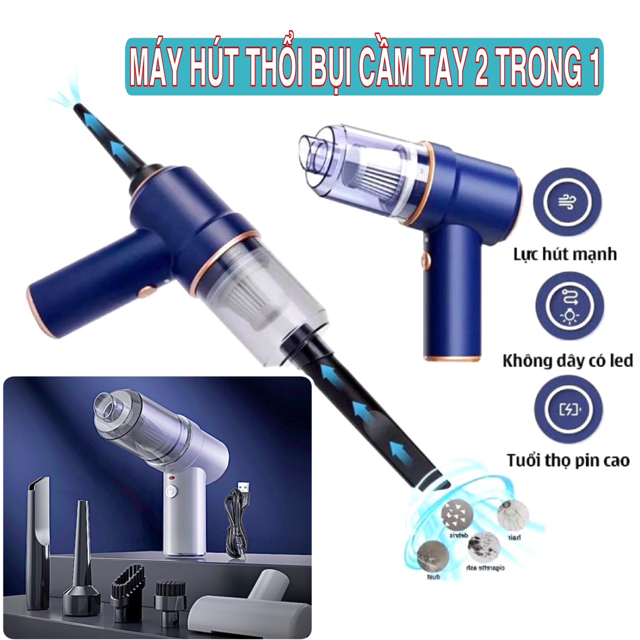 Máy hút thổi bụi đa năng cầm tay không dây sạc pin công suất 120w lực hút 8000Pa - Máy hút bụi mini dùng trên xe ô tô, Văn Phòng - Ảnh 11