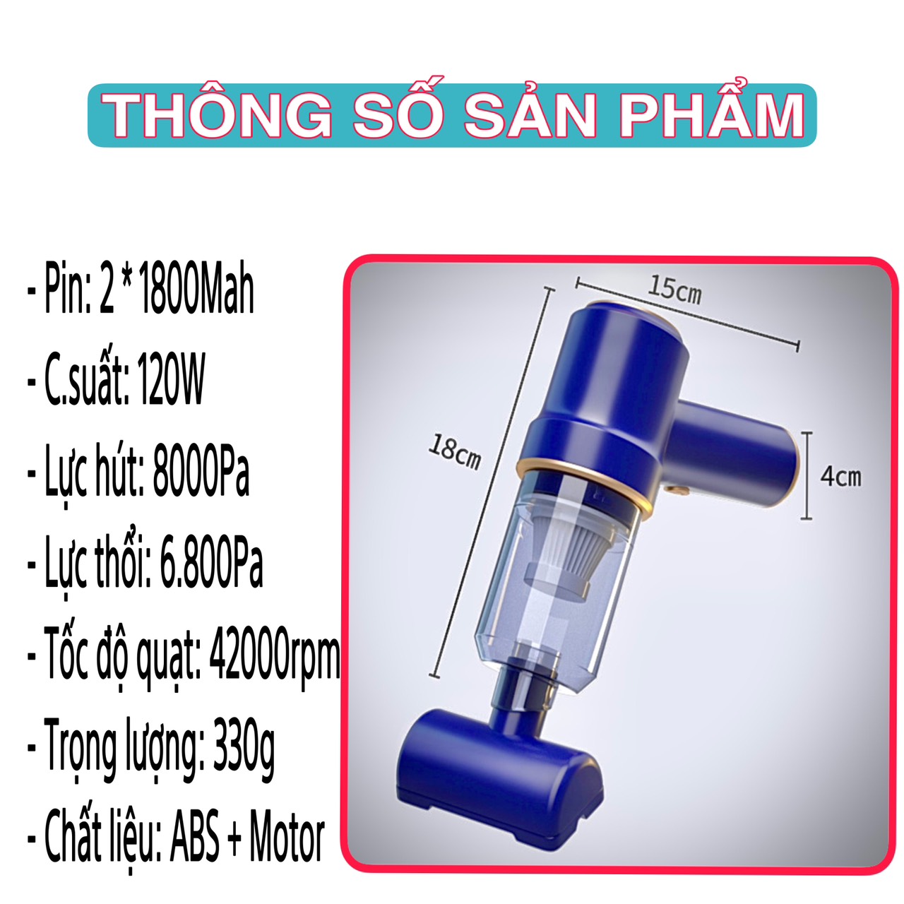 Máy hút thổi bụi đa năng cầm tay không dây sạc pin công suất 120w lực hút 8000Pa - Máy hút bụi mini dùng trên xe ô tô, Văn Phòng - Ảnh 9