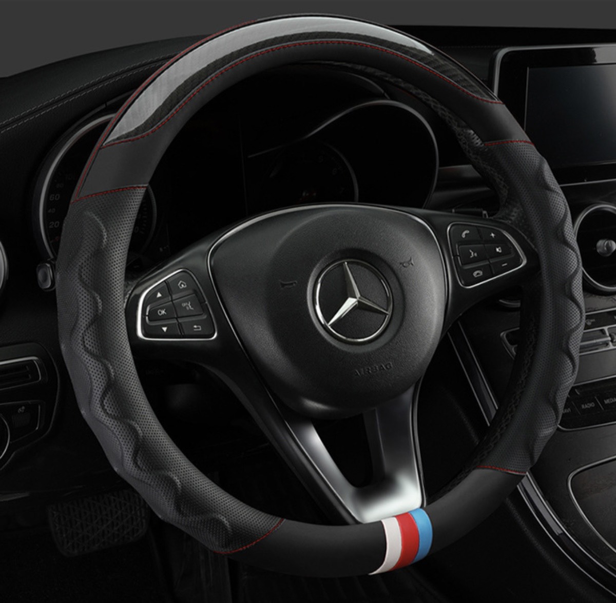 Bọc vo lang ô tô thể thao - da vân carbon phối da nhiều màu phù hợp với size 38cm Dùng cho xe 4 chỗ - 7 chỗ , Bán Tải - Ảnh 6