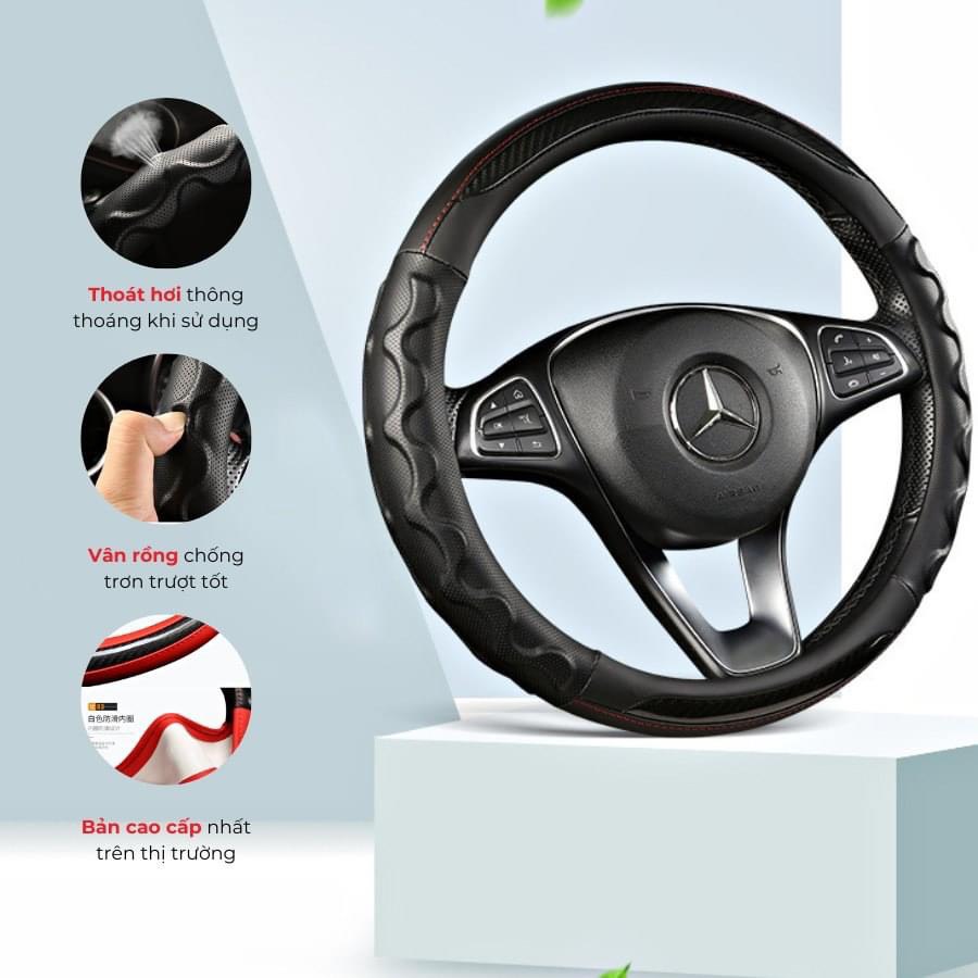 Bọc vo lang ô tô thể thao - da vân carbon phối da nhiều màu phù hợp với size 38cm Dùng cho xe 4 chỗ - 7 chỗ , Bán Tải - Ảnh 2