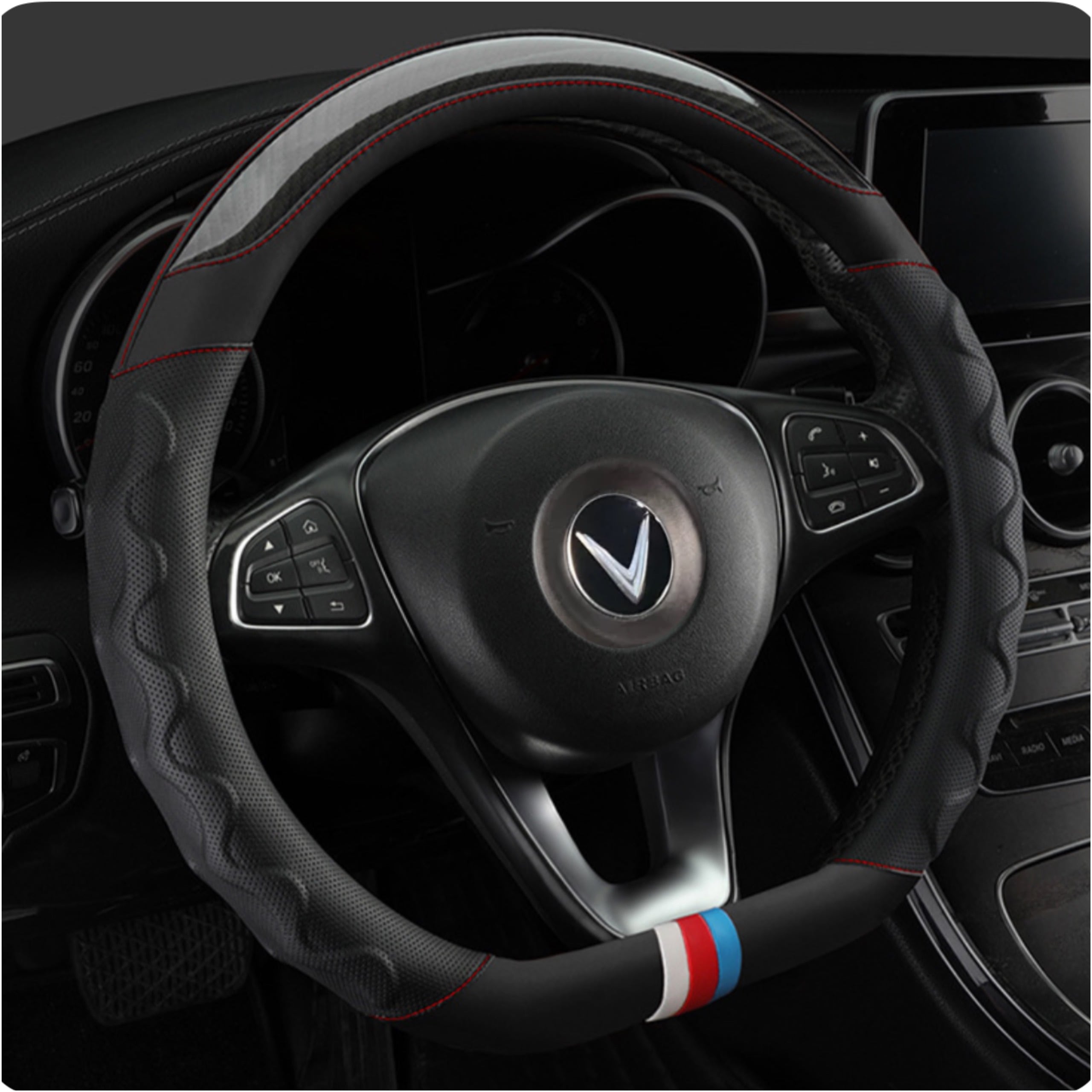 Bọc volang D Cut Vinfast - Bọc tay lái khuyết Đáy VF5 VF3 VF6 VF7 Chất Liệu Da Nappa + PU + Microfiber Size 34cm - 36cm - Ảnh 8